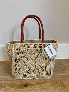 Natural Crochet Beach Tote with Brown Handles